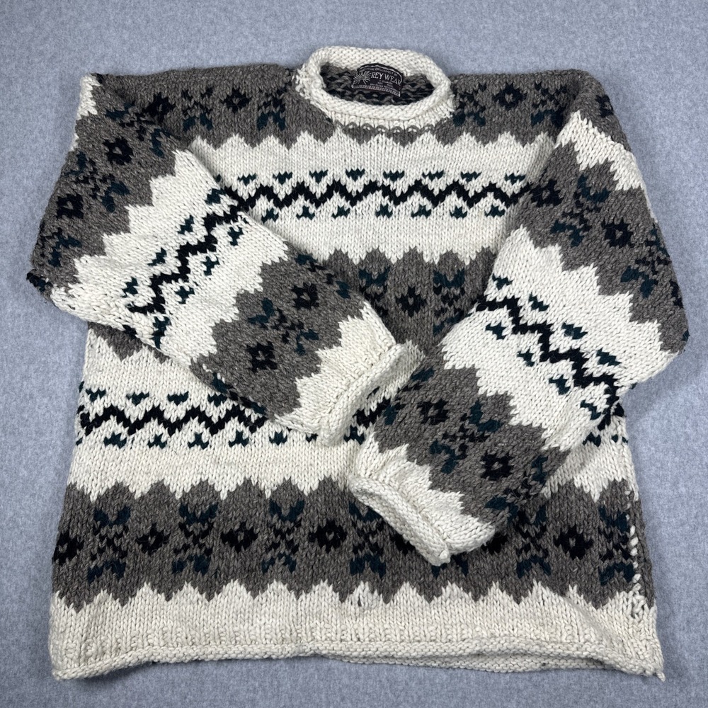 Vtg 90s REY WEAR Ecuador Roll Neck Chunky Hand Knit Wool Sweater Large/XL